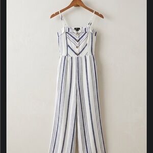 BCX Striped Button-Front Wide-Leg Jumpsuit - Cropped Blue & White M NWOT